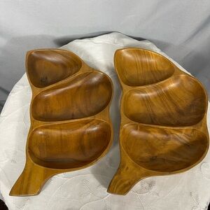 2 Vintage Handmade Wooden Divided Dish Serving Bowls Made In Philippines EUC